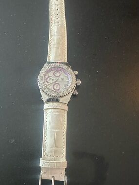 Technomarine White Leather Strap Crystal-Trim Chronograph with Purple Accents
